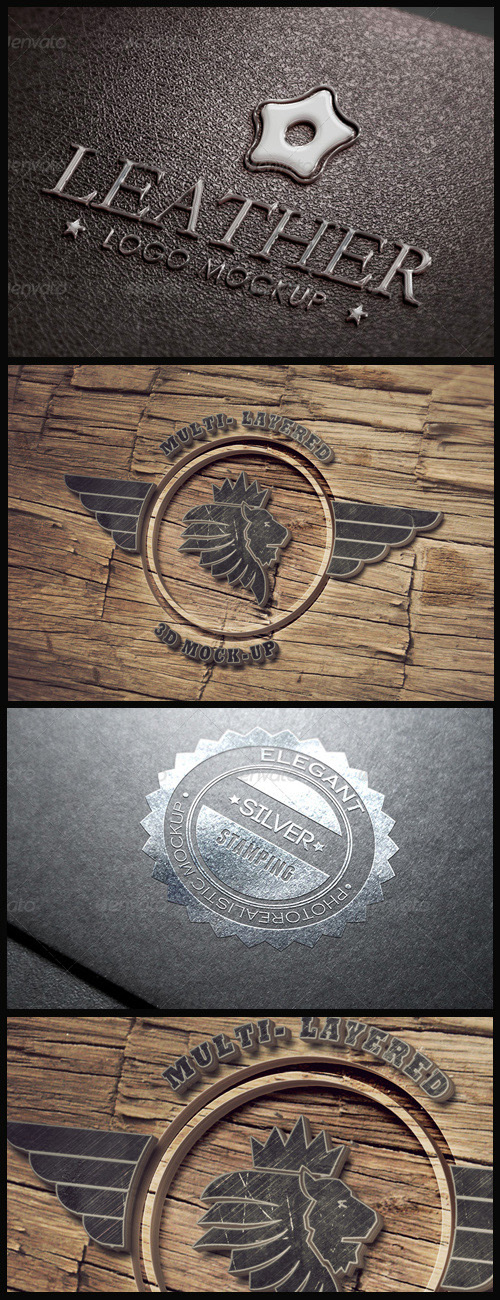 Logo Mock-Ups - Leather, Silver Stamping, 3D Wood Logo Logo Mock-Ups - Leather, Silver Stamping, 3D Wood Logo