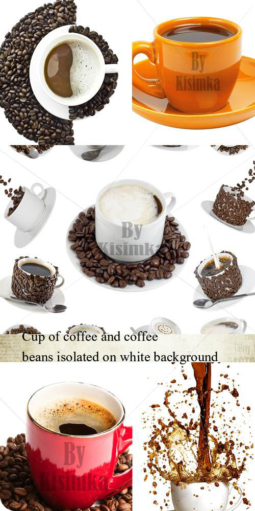 Stock Photo: cup of coffee and coffee beans isolated on white