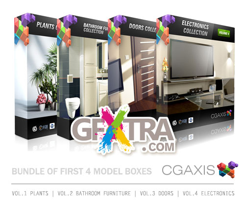 CGAXIS Box Set, 4 in 1 - Bathroom Furniture, Electronics, Doors and Flowers