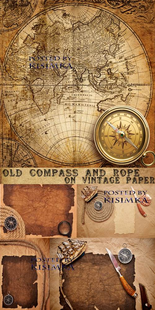 Stock Photo: Old compass and rope on vintage paper