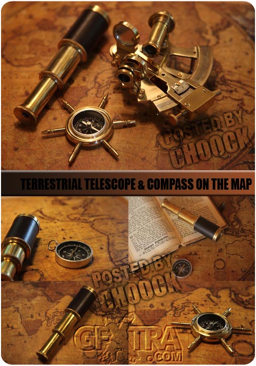Stock Photo: Terrestrial telescope & compass on the map Stock Photo: Terrestrial telescope & compass on the map