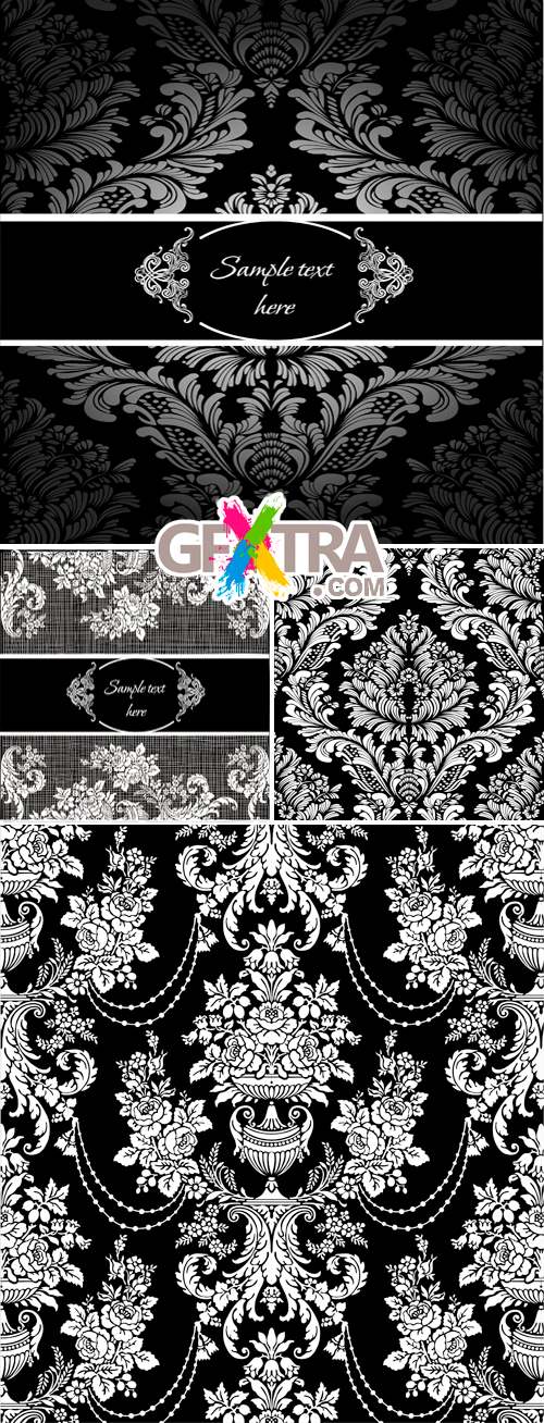 Black White Damask Seamless Patterns Vector