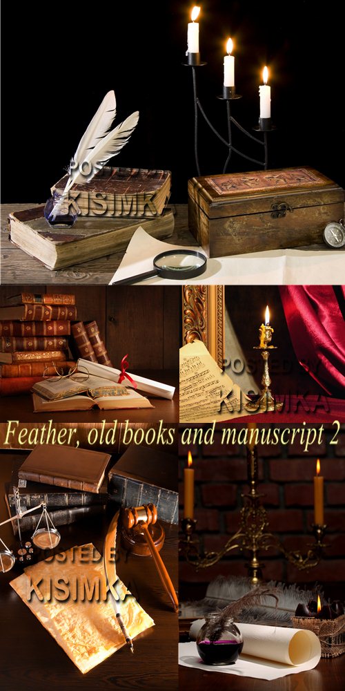 Stock Photo: Feather, old books and manuscript 2