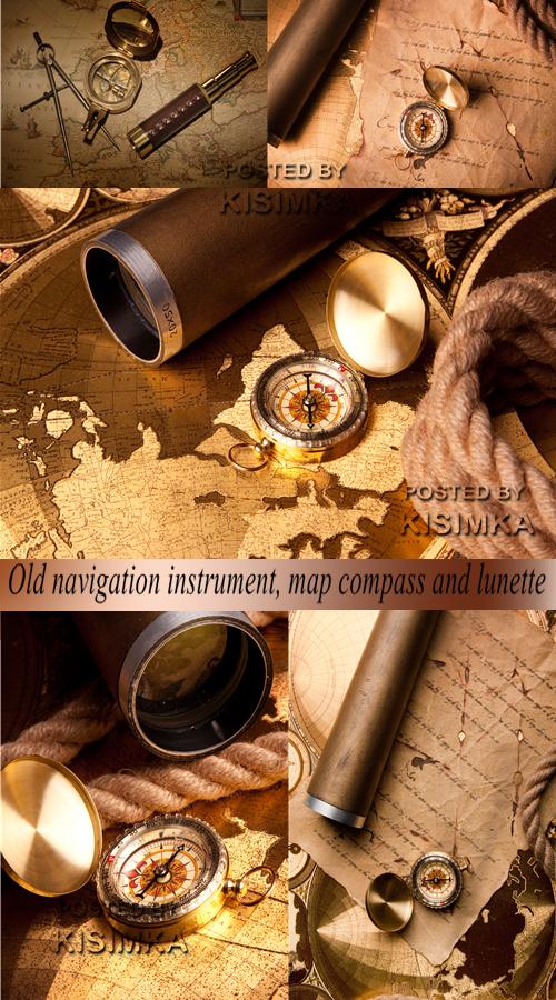 Stock Photo: Old navigation instrument, map compass and lunette