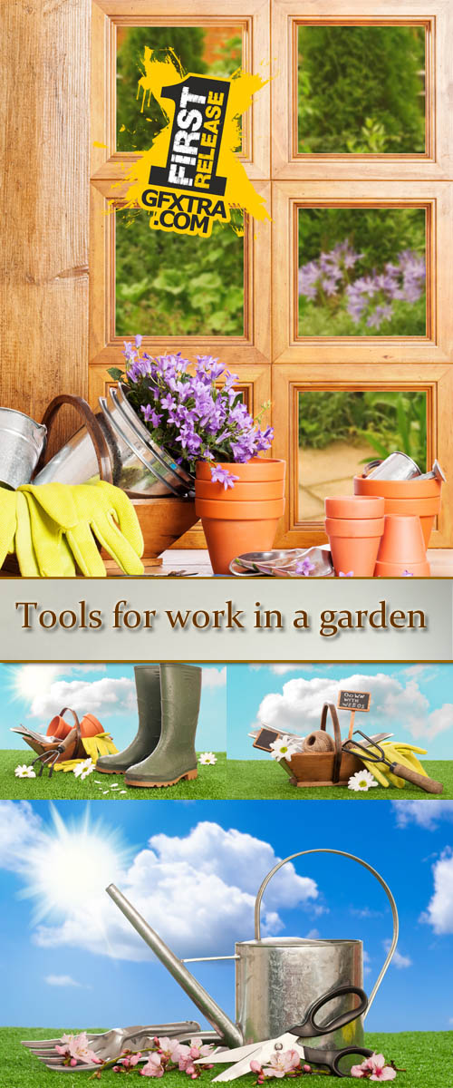 Stock Photo: Tools for work in a garden and rubber boots