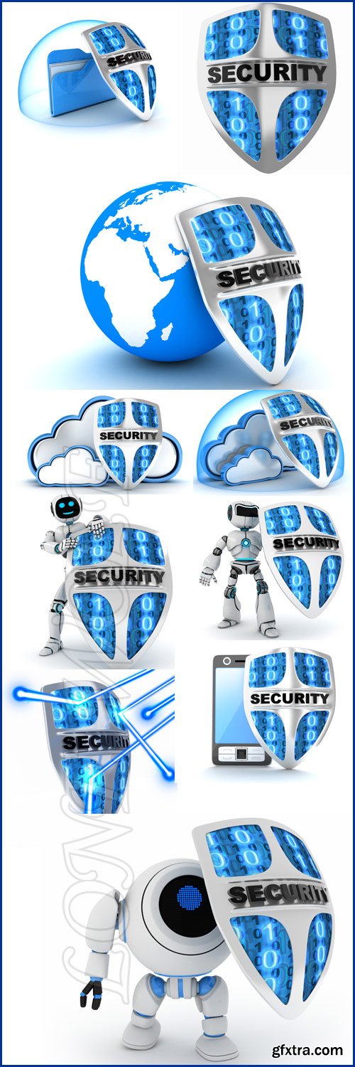 Cloud security, robot and shield, earth and shield - Stock photo