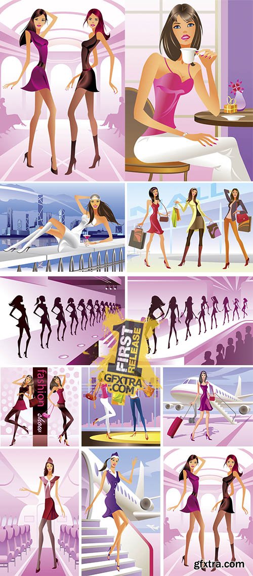 Stock: Fashion girls in the mall - vector illustration