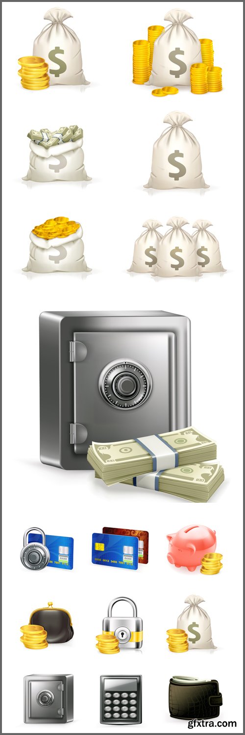Business & money set Icons. Stacks of coins and money bag. Safe and money - Vektor photo