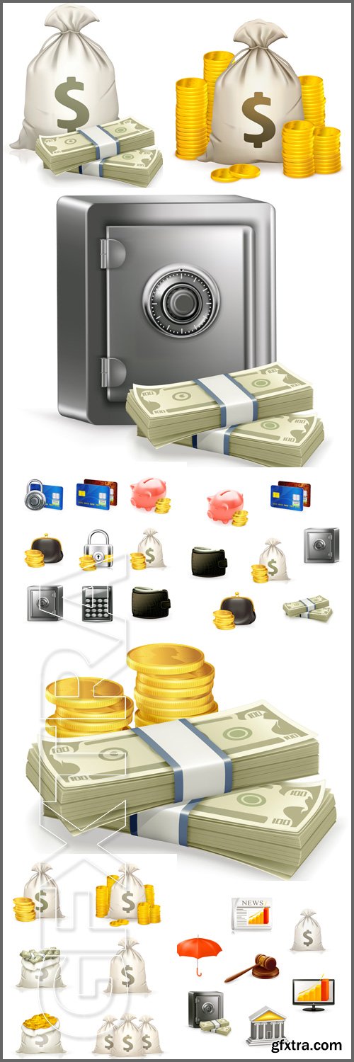 Business & money set Icons. Stacks of coins and money bag. Safe and money - Vektor photo