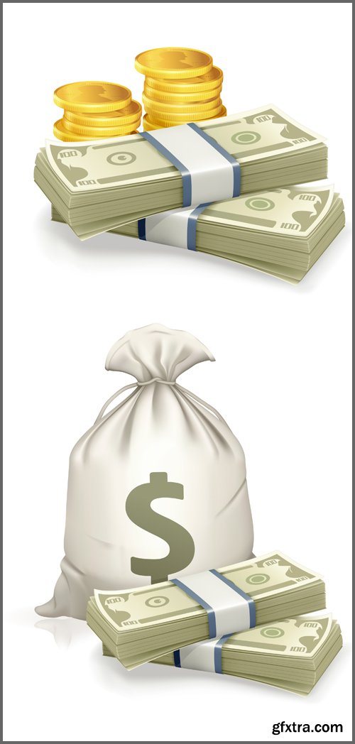 Business & money set Icons. Stacks of coins and money bag. Safe and money - Vektor photo