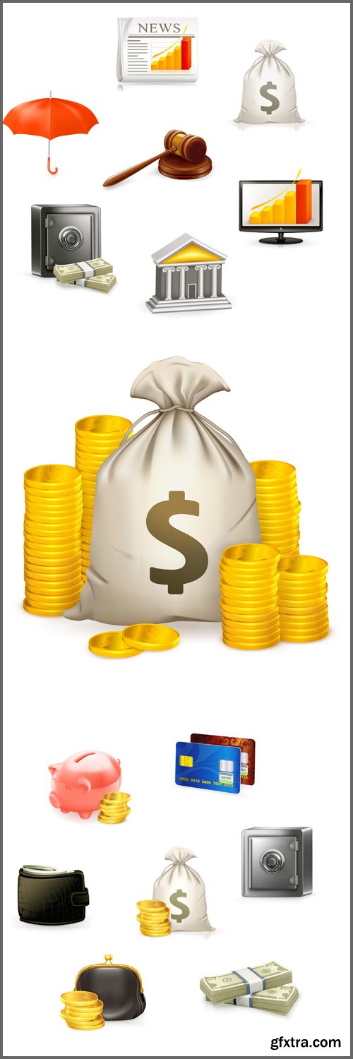 Business & money set Icons. Stacks of coins and money bag. Safe and money - Vektor photo
