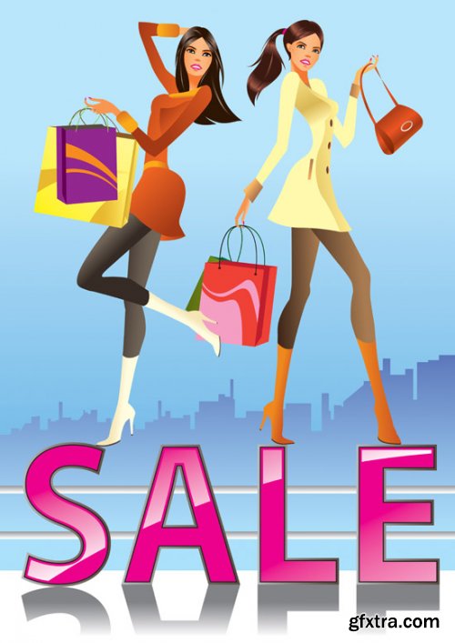 Stock: Fashion girls in the mall - vector illustration