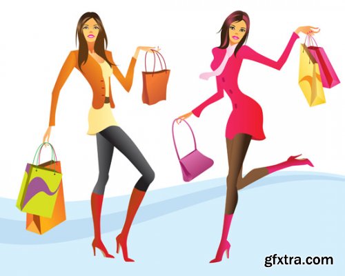 Stock: Fashion girls in the mall - vector illustration