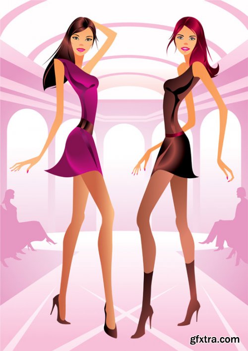 Stock: Fashion girls in the mall - vector illustration