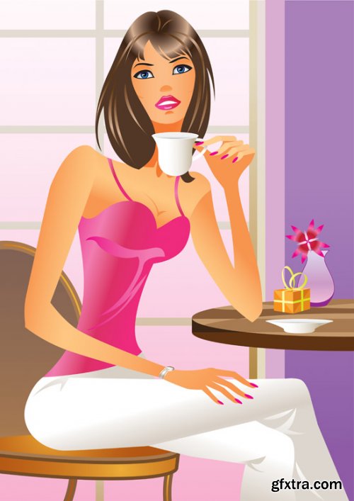 Stock: Fashion girls in the mall - vector illustration