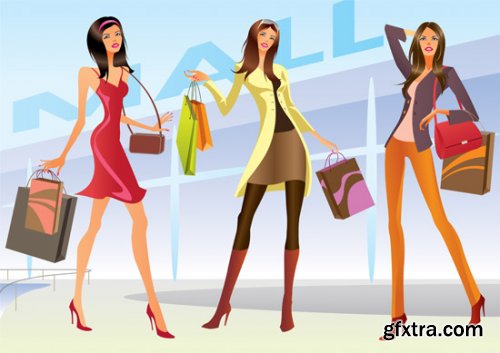 Stock: Fashion girls in the mall - vector illustration