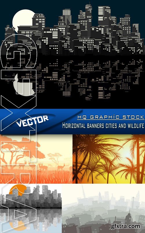 Stock Vector - Horizontal banners cities and wildlife