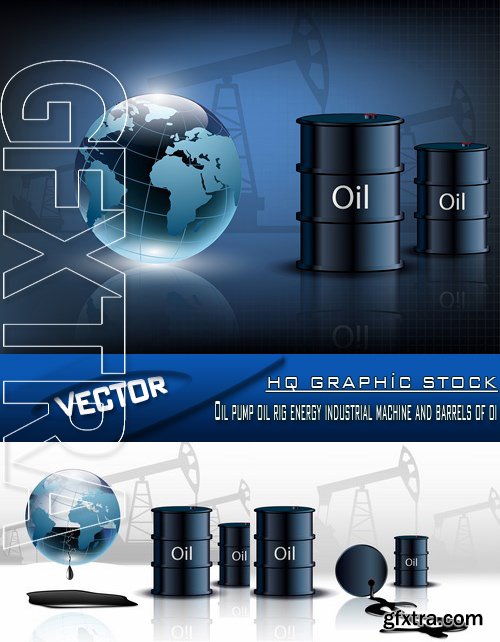 Stock Vector - Oil pump oil rig energy industrial machine and barrels of oil