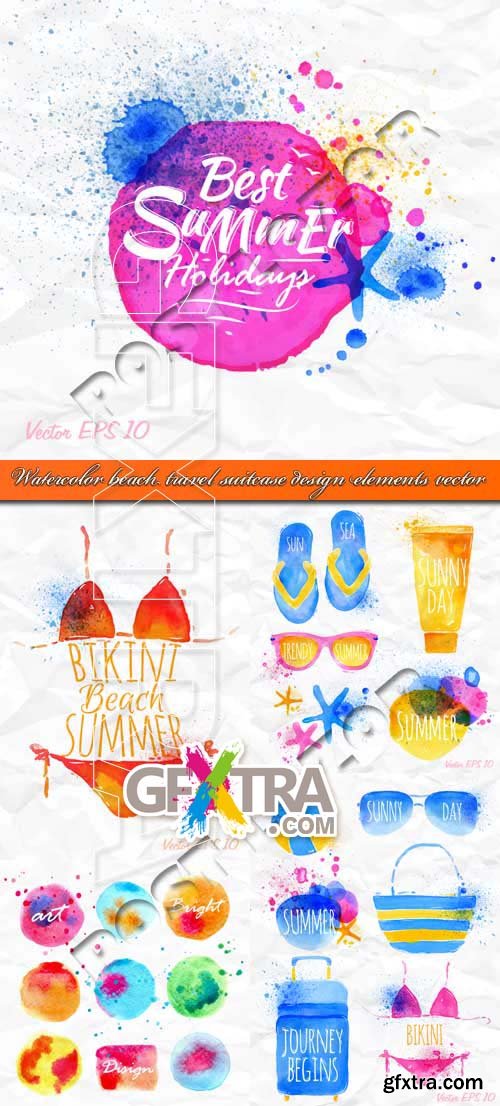 Watercolor beach travel suitcase and design elements vector