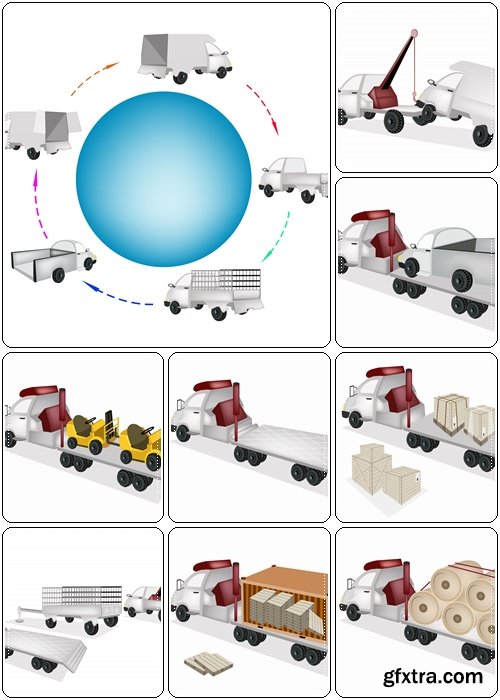 Different Types of Pickup Trucks and Vans, A Trailer Loading Wooden Palettes in Cargo Container - Vector