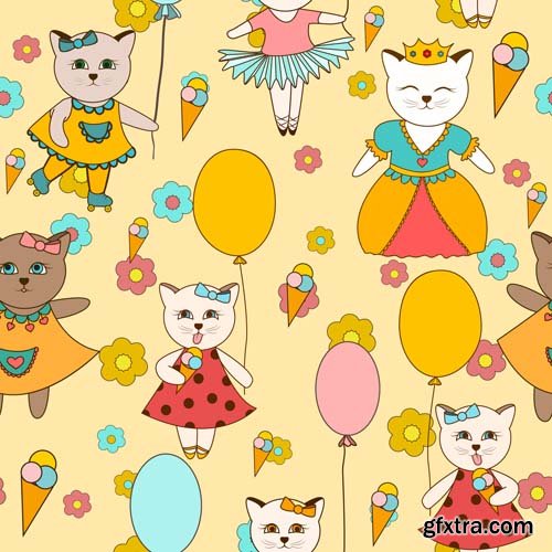 Cute seamless pattern with cartoon animals, 25xEPS