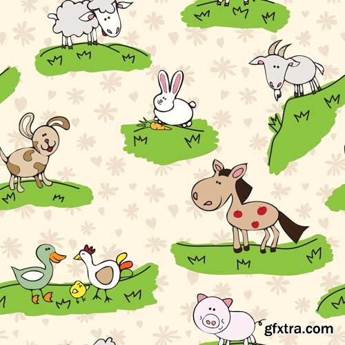 Cute seamless pattern with cartoon animals, 25xEPS