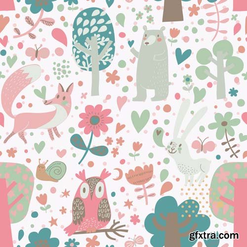 Cute seamless pattern with cartoon animals, 25xEPS