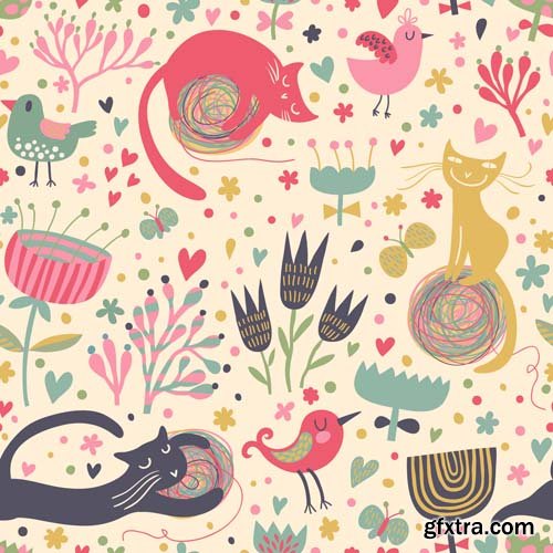 Cute seamless pattern with cartoon animals, 25xEPS