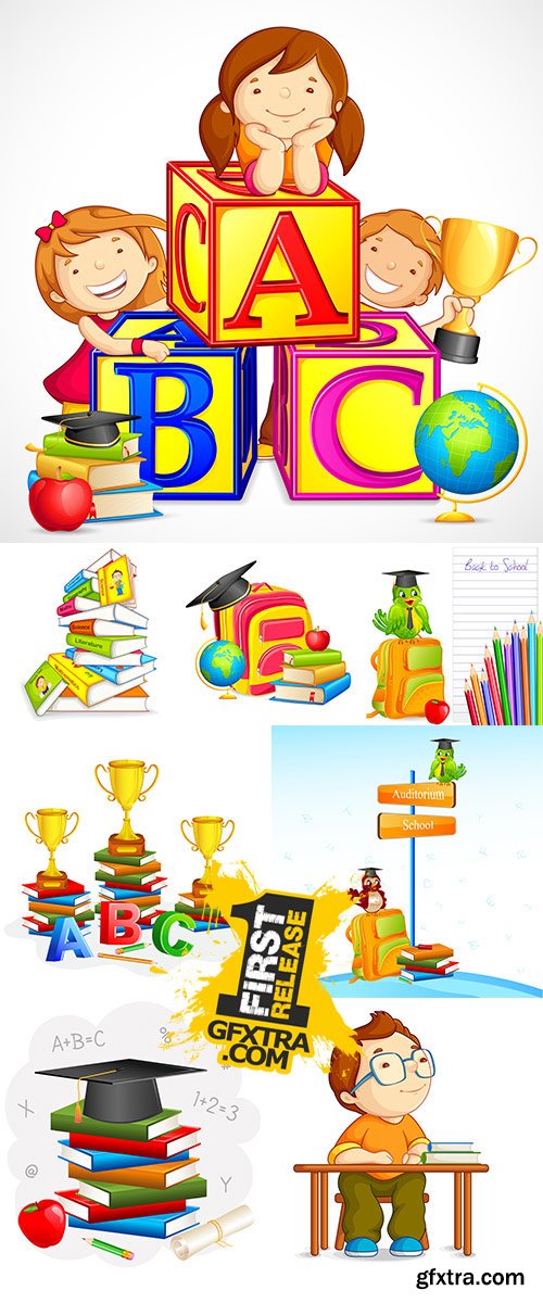 Stock vector illustration of kids playing with alphabet block