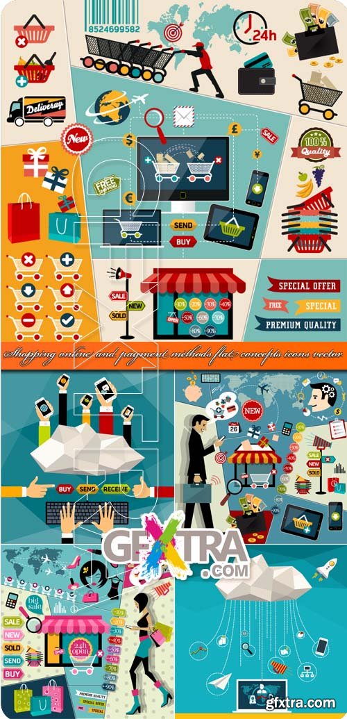Shopping online and payment methods flat concepts icons vector