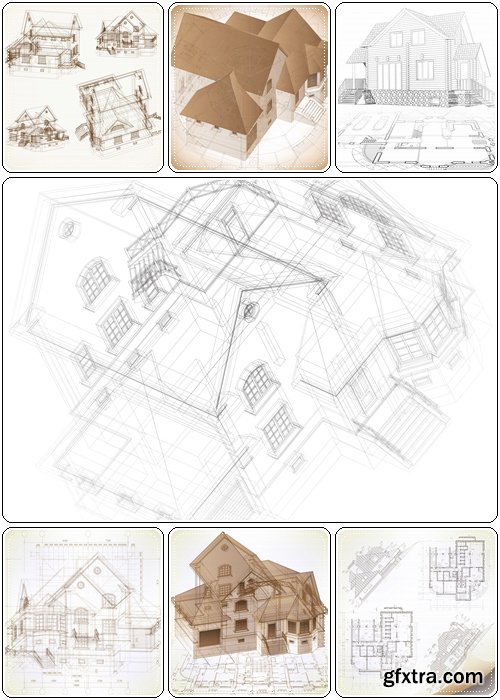 Architectural background with a 3D building model - Vector