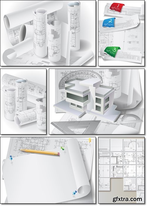 Architectural background with a 3D plan of building model - Vector