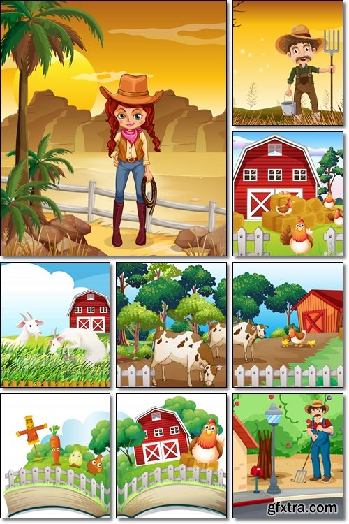 Farm, farm animals and birds - Vectors