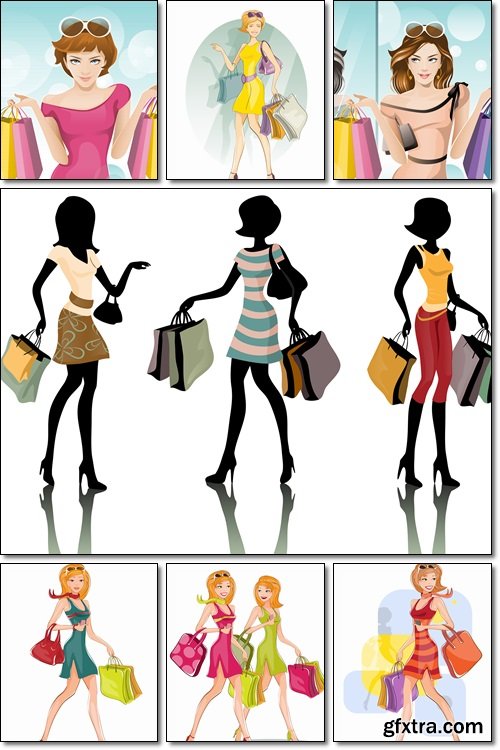 Shopping: young, pretty girls shopping - Vectors