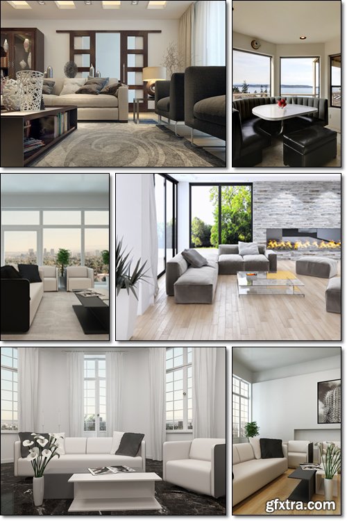 Modern apartment living room interior, window and white couch, dining area with window view - Stock photo