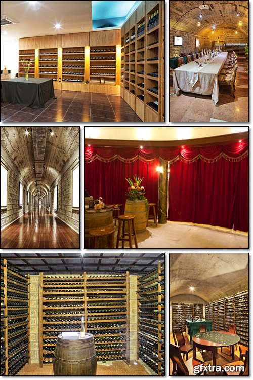 Wine cellar with wine bottle and glasses - Stock photo