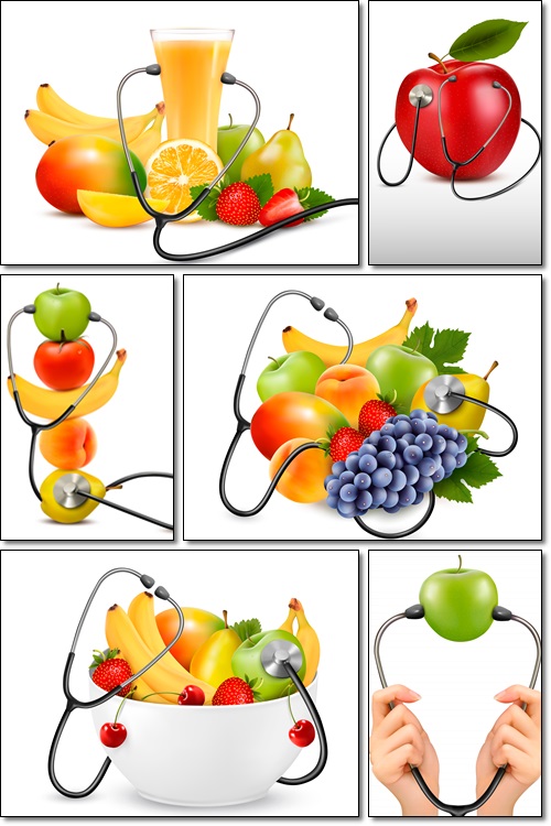 Group of fruit with a stethoscope. Healthy diet concept - Vectors