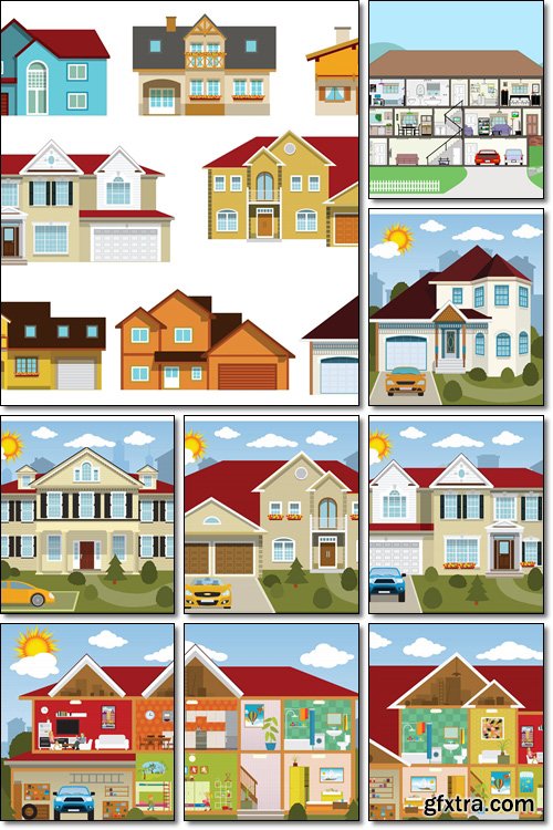 City, Family house (diorama). Large Modern House Interior Cutaway (Inside the house) - Vector