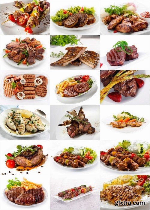 Meat cooked on the grill with garnish isolated on white - 25 HQ Jpg
