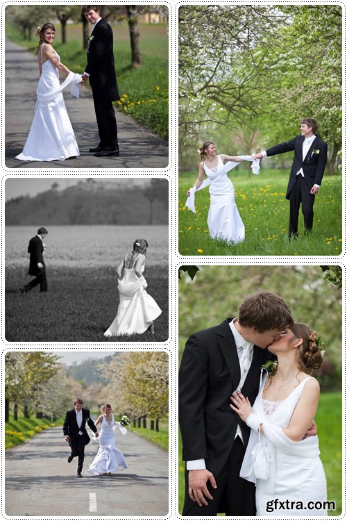 Wedding: Happy couple, bride and groom in park - Stock photo
