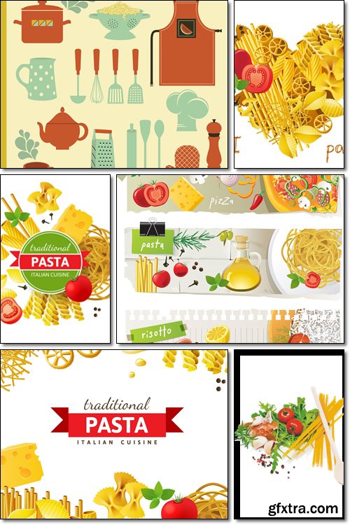 Italian pasta and all the ingredients for cooking - Vector