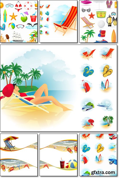 Different icons for vacation / holiday on the sunny beach - Vector