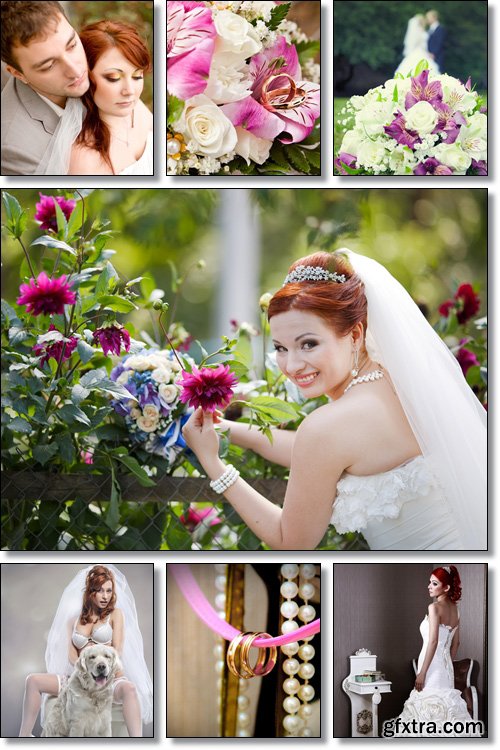 Wedding, bride, bouquet, flowers, wedding rings - Stock photo