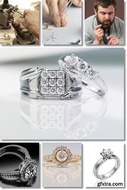 Jeweler, diamond ring, jewelry through magnifying glass - Stock photo