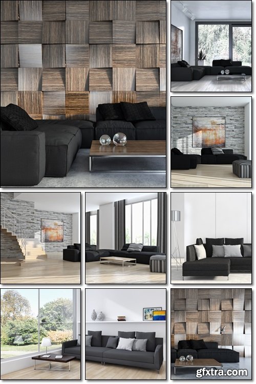 Living room. Fashionable, stylish living room with dark furniture - Stock photo