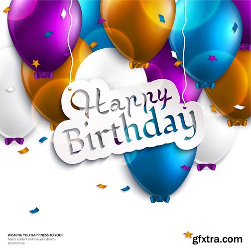 Stock: Vector birthday card with curling stream, confetti, balloons