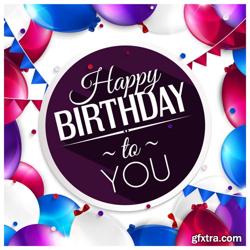 Stock: Vector birthday card with curling stream, confetti, balloons