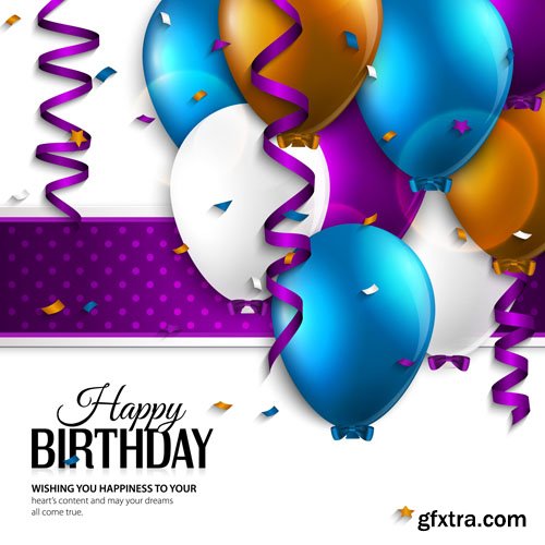 Stock: Vector birthday card with curling stream, confetti, balloons