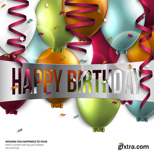 Stock: Vector birthday card with curling stream, confetti, balloons