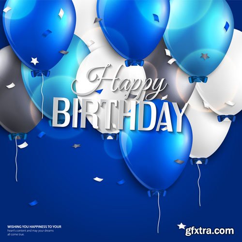 Stock: Vector birthday card with curling stream, confetti, balloons